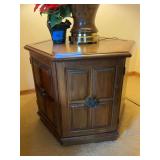 Hexagonal Wooden End Table with Cabinet Storage and Assorted Media