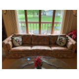 Floral Upholstered Three-Seat Sofa with Cardinal Accent Pillows