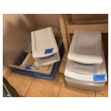 Assorted Plastic Storage Containers and Fabric Rolls