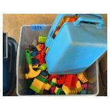 Assorted Plastic Building Blocks and Toy Tools in Storage Bin