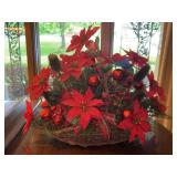 Artificial Poinsettia and Ornament Floral Arrangement in Woven Basket