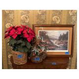 Framed Waterfall Landscape Print and Decorative Floral Arrangements