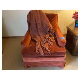 Upholstered Armchair with Corduroy Fabric and Fringed Throw Blanket