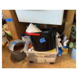 Assorted Household Cleaning Supplies and Metal Pail