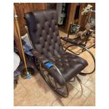 Tufted Brown Faux Leather Rocking Chair with Brass Frame