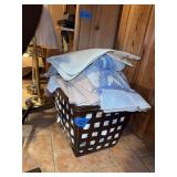 Assorted Bath Linens and Shower Mat in Plastic Basket