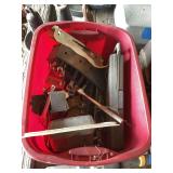 Assorted Hand Tools and Automotive Accessories in Storage Bin