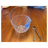 Pressed Glass Ice Bucket with Metal Handle and Tongs