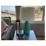 Table Lamp with Turquoise Ceramic Base, Galileo Thermometer, and La Crosse Atomic Clock