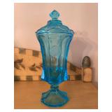 Blue Glass Vase with Lid, Coin and Torch Design