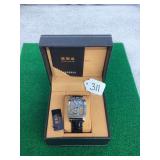 Diasteria Skeleton Rectangular Wristwatch with Leather Strap