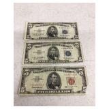 3-Piece Lot US Five Dollar Notes 1953A Silver Certificates and 1963 United States Note