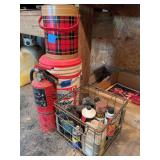 Assorted Shop Supplies, Sentry Fire Extinguisher, and Budweiser Bucket