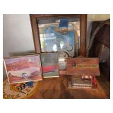 Snap-on Tools Mirror, Framed Corvette Prints, and Decorative Fire Station Model