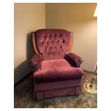 Burgundy Upholstered Tufted Armchair with Wooden Accents