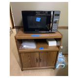 Emerson Microwave Oven on Rolling Wood-Finish Cart with Assorted Kitchen Items