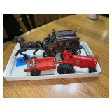 Cast Metal Wells Fargo Stagecoach and Red Tractor with Trailer Set