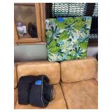 Assorted Textile Lot Including Floral Patterned Cushion and Black Padded Cover