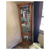 Oak Corner Curio Display Cabinet with Glass Shelving and Interior Lighting