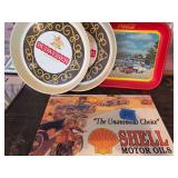 Collection of Advertising Memorabilia: Shell Sign, Coca-Cola Tray, and Budweiser Trays