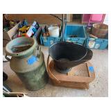 Metal Milk Can, Painted Coal Scuttle, and Woven Picnic Basket