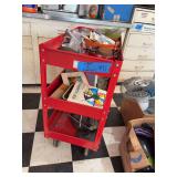 Three-Tier Rolling Utility Cart with Assorted Contents
