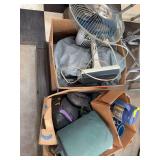 Assorted Household and Outdoor Items Including Galaxy Fan, Coleman Cooler, and Helmet