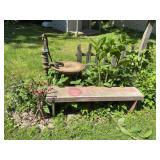 Garden Decor Assortment Including Cast Iron Pump, Bench, and Birdhouse