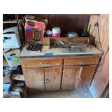 Wooden Cabinet with Assorted Household and Kitchen Items