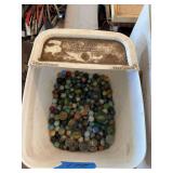 Assorted Glass Marbles in Plastic Container