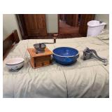 Kitchenware Collection: Coffee Grinder, Blue Mixing Bowl, and Aluminum Juicer
