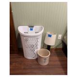 Household Assortment Including S.P. & S. Co. Two-Gallon Stoneware Crock, Table Lamp, and Laundry Hamper