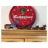 Budweiser Beer Wall Clock and Horse-Drawn Wagon Figurine Set