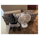 Assorted Household Lot: Pedal Exerciser, Electric Fan, and Decorative Pillows