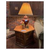 Hexagonal Wooden End Table with Table Lamp and Decorative Accessories