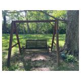 Wooden Porch Swing with A-Frame Stand and Ebonite Bowling Ball