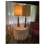 Pair of Brass Table Lamps with Side Table