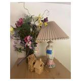 Table Lamp with Floral Base, Pleated Shade, and Three Miniature Wooden Birdhouses