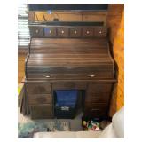 Wooden Roll-Top Desk with Multiple Drawers and Hutch