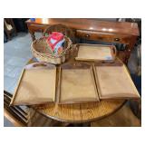 Set of Four Wooden Serving Trays with Cork Bottoms and Handles