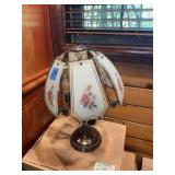 Table Lamp with Rose Motif Glass Panels and Metal Frame
