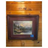 Framed Mountain Cabin and Lake Landscape Print