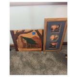 Wood Carved Cabin Plaque and Framed Landscape Prints