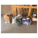 Assorted Garage & Yard Maintenance Lot with Galvanized Trash Can, Seed, Plumbing Fittings, and Tools