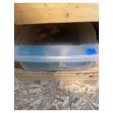 Lot of Household Items Including Plastic Tote, Enamel Roasting Pan, and Lighted Wreaths