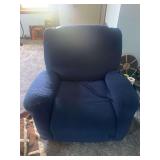 Blue Recliner Chair with Brown Shearling-Style Throw Blanket