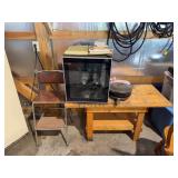 Wooden Work Bench with Igloo Mini Fridge and Accessories
