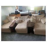 Three Sectional Chaise Lounges with Two Wooden Side Tables in Beige Microfiber