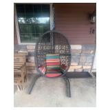 Wicker Hanging Egg Chair with Stand and Multi-Color Striped Cushions