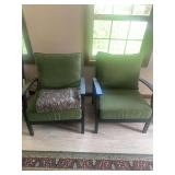 Set of Two Green Cushioned Armchairs with Dark Frames